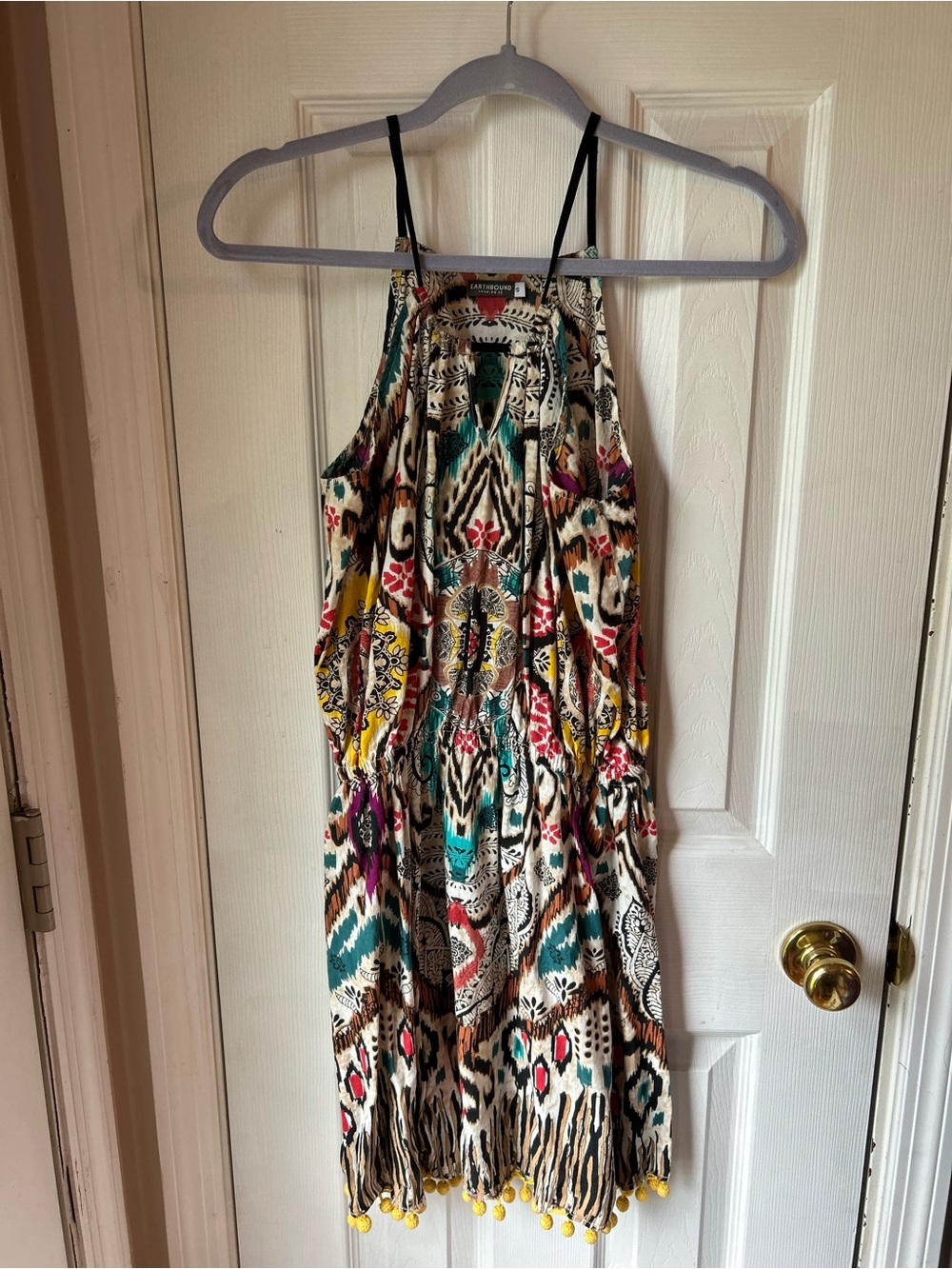 EARTHBOUND Multicolor Boho Mini Dress with Yellow Pom Trim
